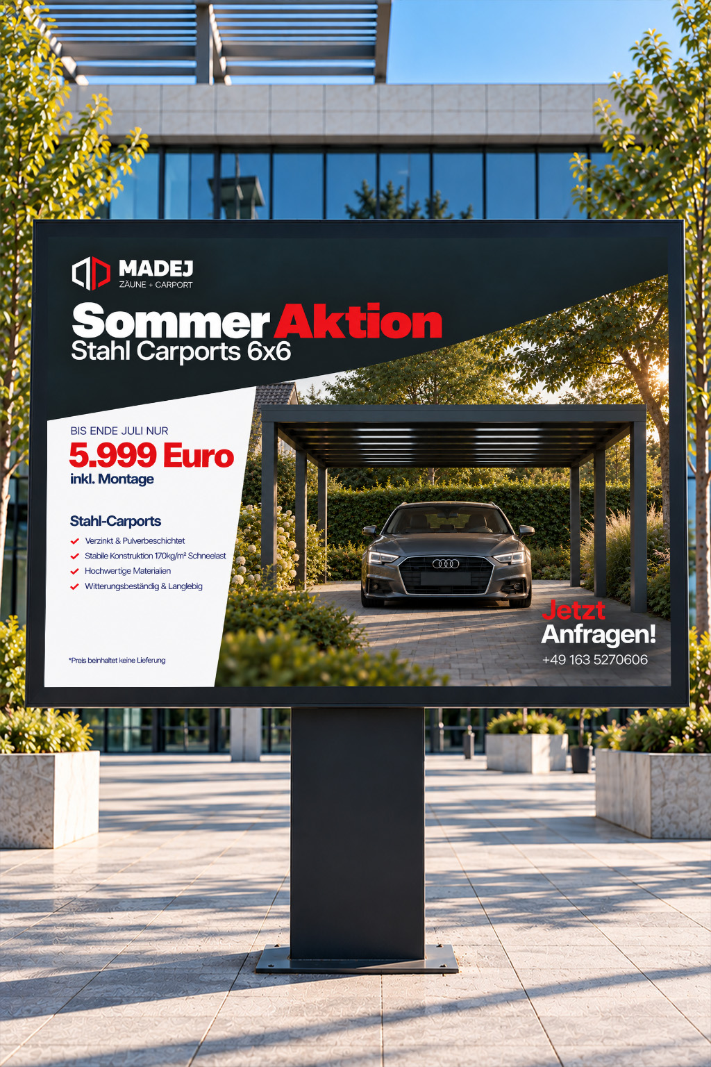 Sommeraktion Stahl Carports 6x6 – KI-Redesign (auf einem Werbetafel-Gestell)